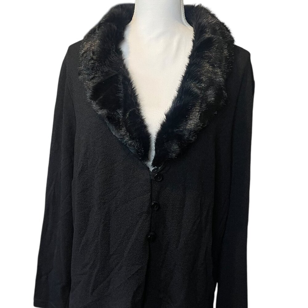♡ Vintage Rabbit Designs 22W Black Button Cardigan Detachable Faux Fur Collar ♡